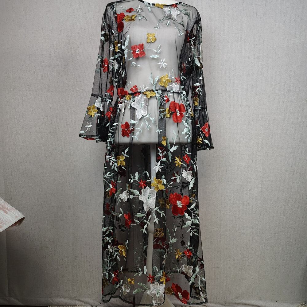 Handmade Black Sheer Embroidered Floral Maxi Dress Whimsigoth Boho Festival M